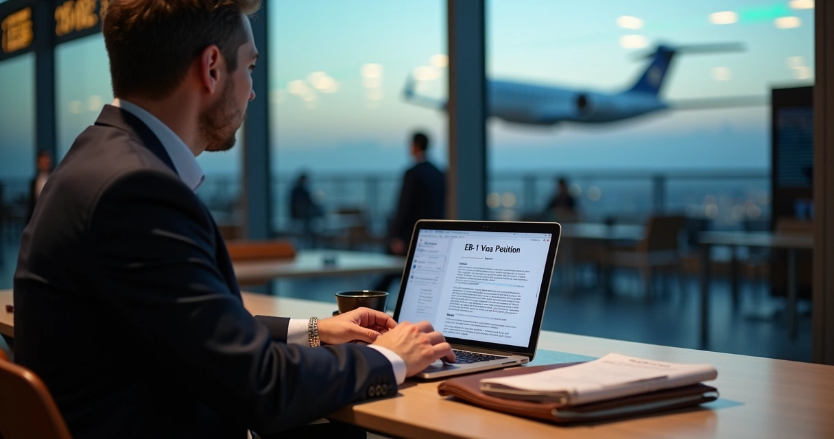 Business traveler in airport lounge reading EB-1 visa documents