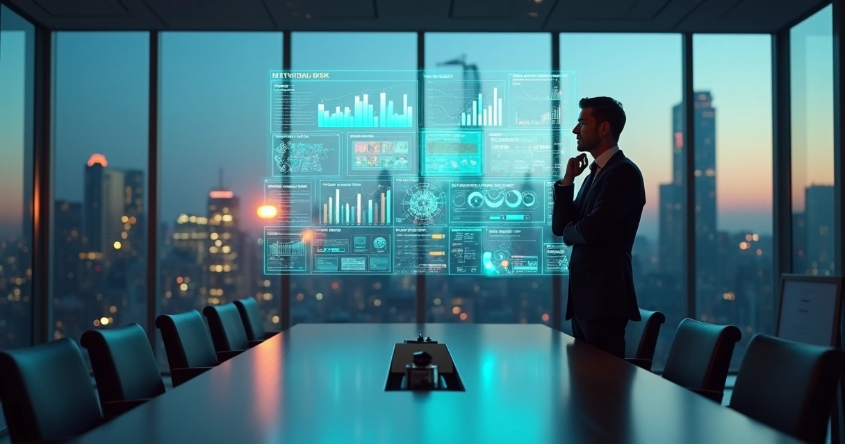 Executive studying data with ethical risk highlighted on a transparent dashboard 