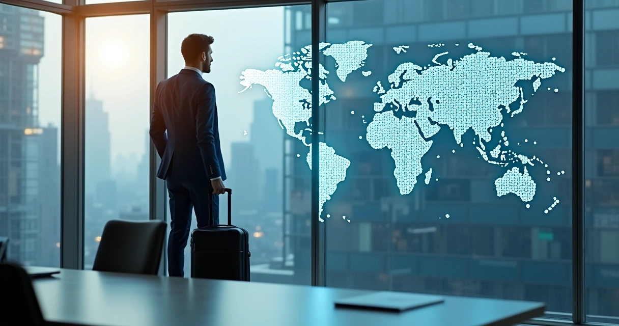 Executive in office holding suitcase and looking at world map