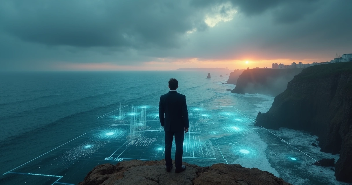 Executive standing on cliff edge overlooking data grids and stormy horizon 