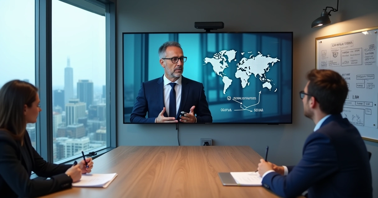 Senior executive in video conference planning L1A visa transfer between global offices 
