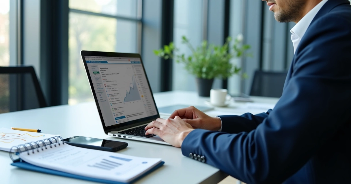 Executive reviewing LinkedIn content on a laptop with analytics charts nearby