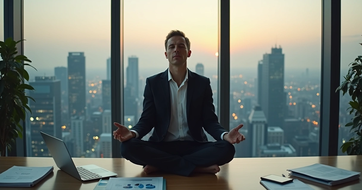 Executive meditating in a glass office above a city skyline 