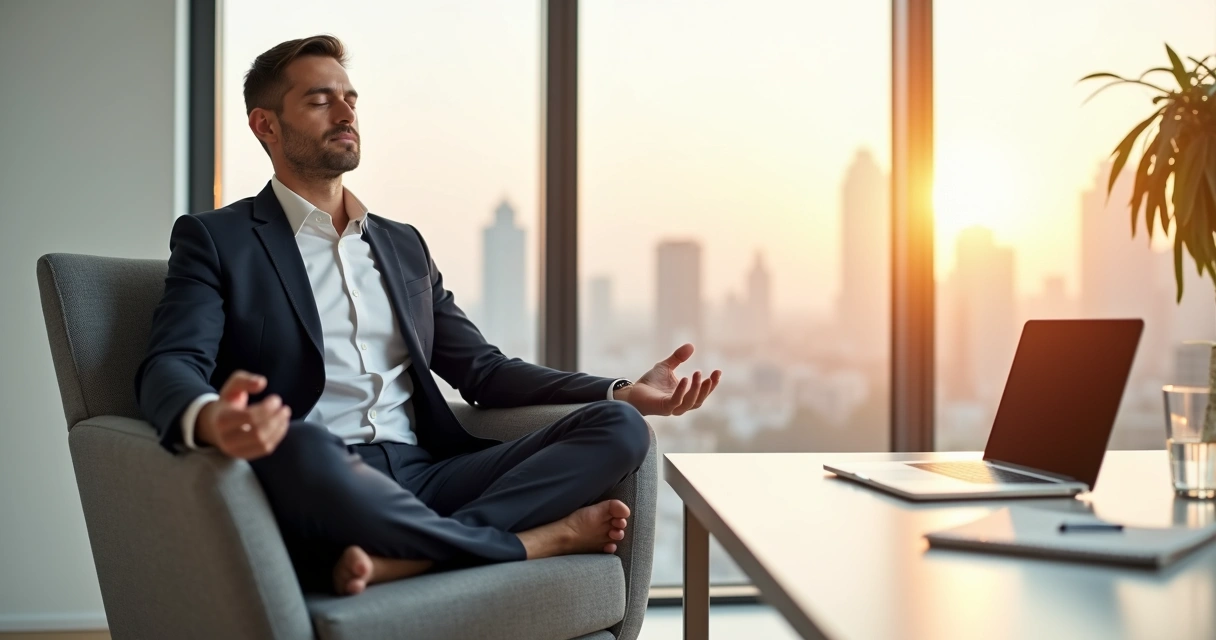 Executive meditating in a modern office with city view 