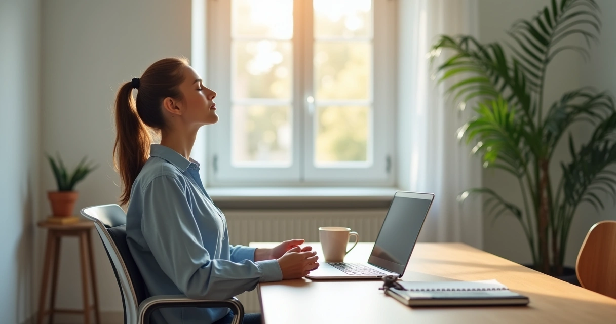 Executive meditating at desk with closed eyes 