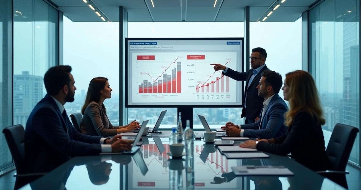 Leaders in a glass meeting room reviewing dashboards under pressure