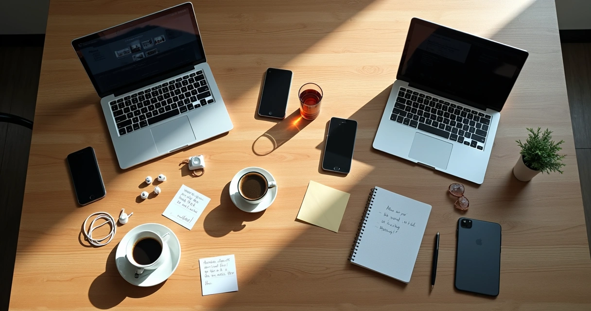 Executive desk seen from above contrasting scattered and organized micro-habits 