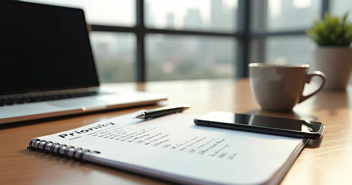 Executive desk with handwritten priorities and coffee cup
