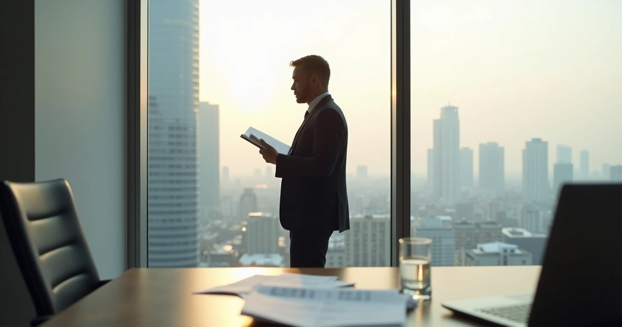 Executive pausing by a window with notes and budget papers nearby