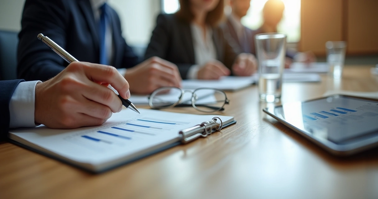 Executive writing notes beside a chart during a board meeting pause