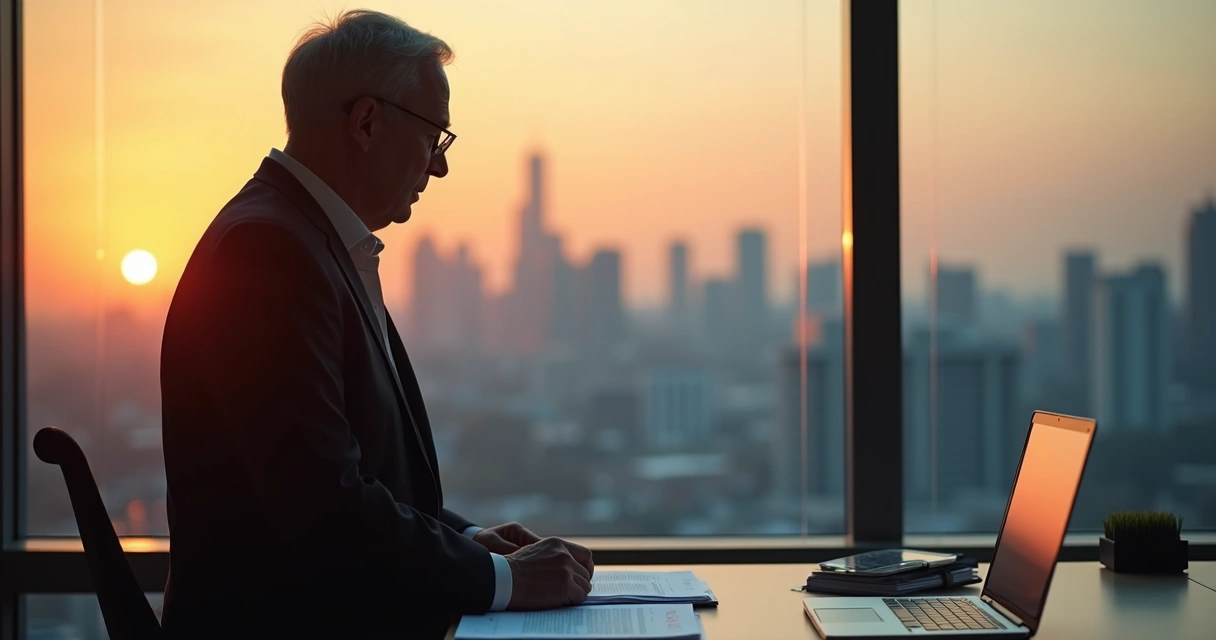 Executive reflecting alone in a modern office