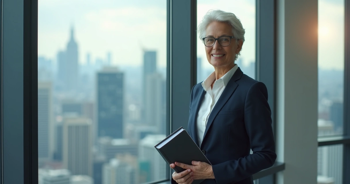 Executive reflecting by office window
