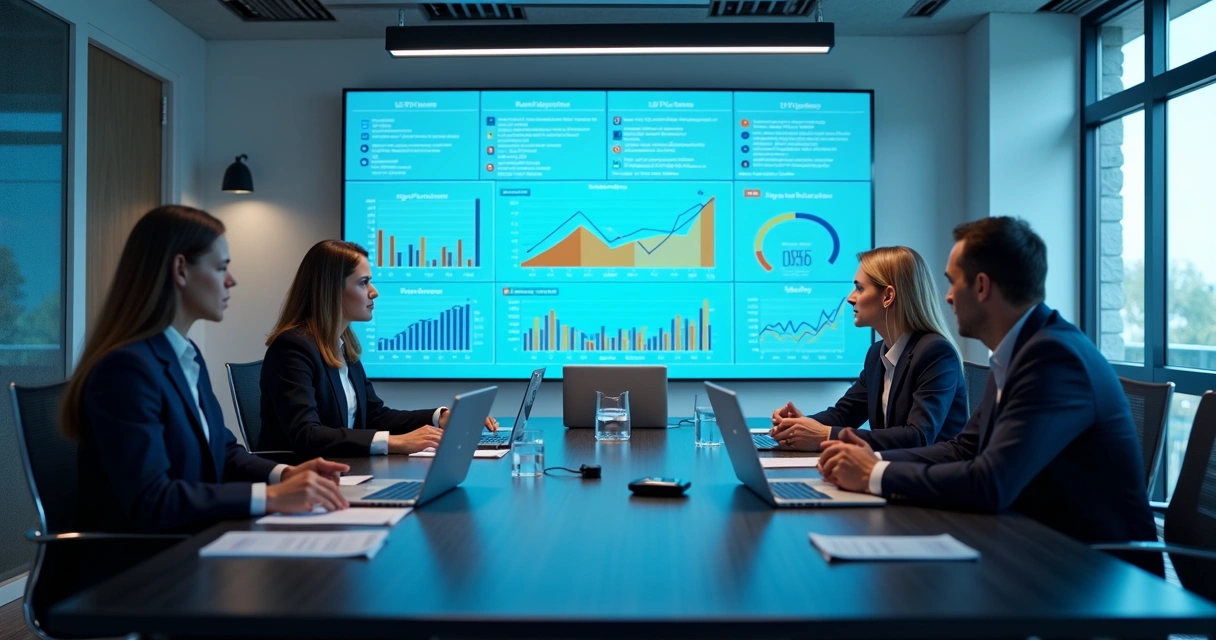 Executive team reviewing revenue dashboard on a conference room display