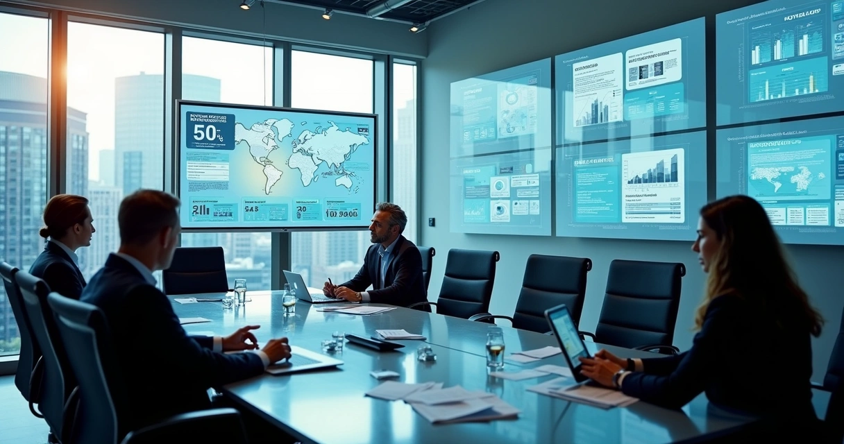 Executives reviewing HR dashboards with regional data in a boardroom 