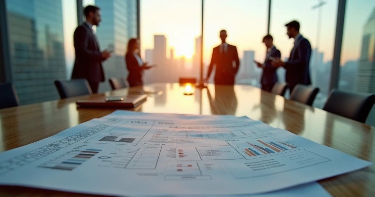 Global executive reviewing L-1A business plan documents in a modern conference room