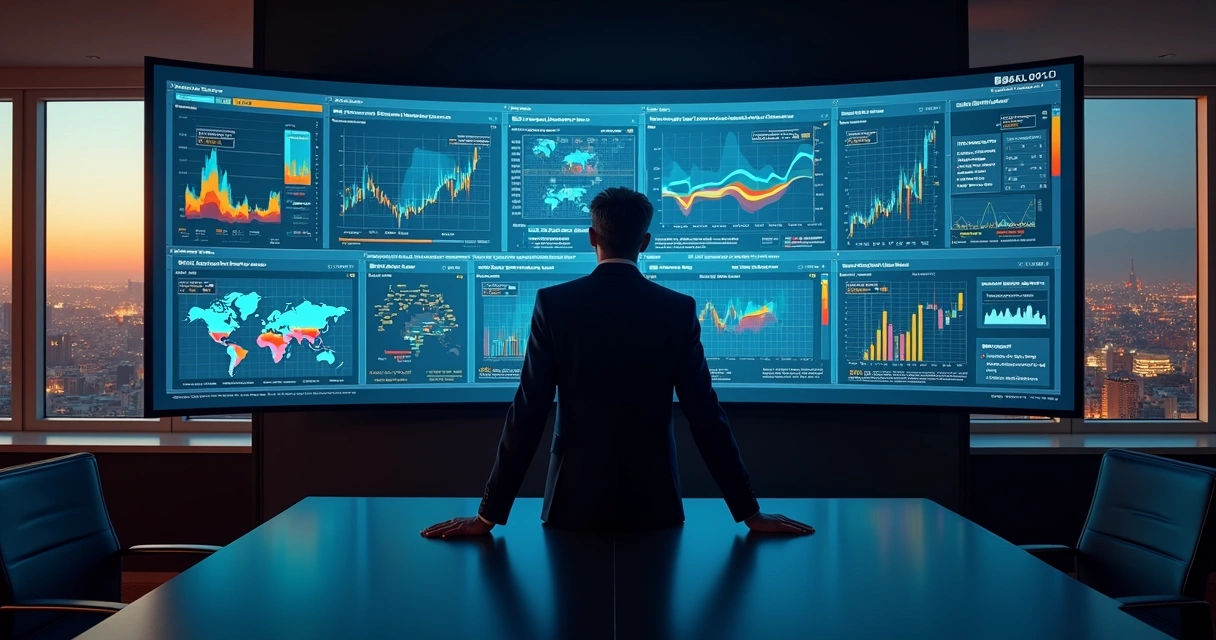 Executive analyzing digital risk intelligence dashboard with FX and commodity data 