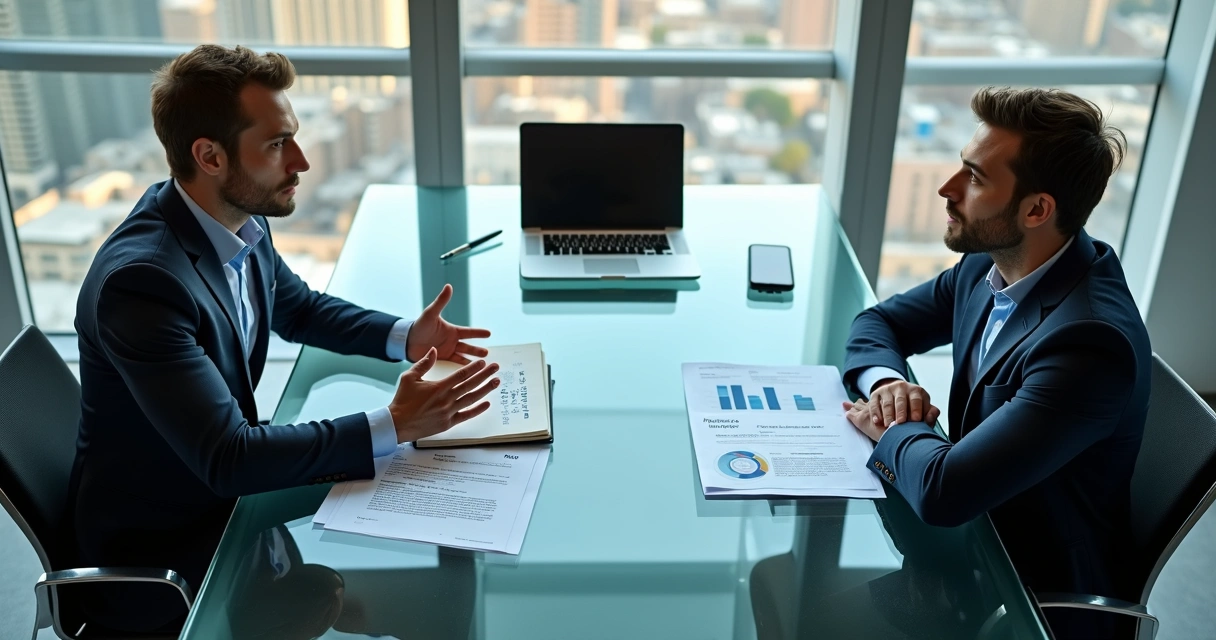 Two business partners facing each other at a meeting table with contrasting light and shadow between them 