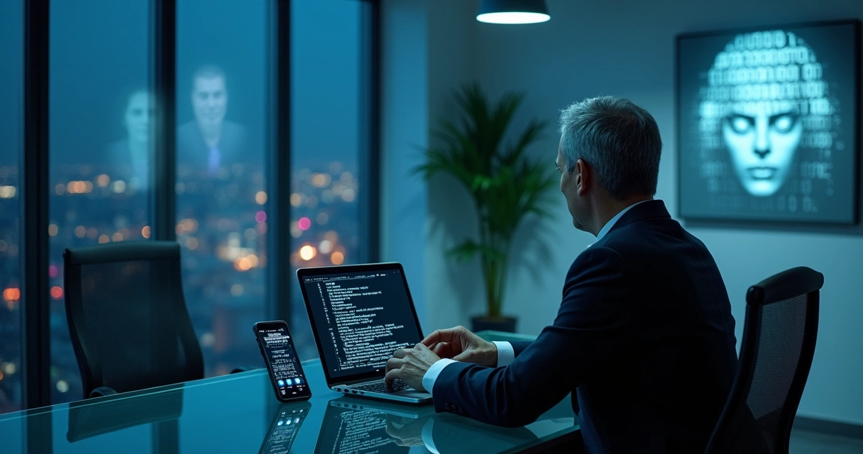 Executivo solitario em sala envidraçada observado por silhuetas digitais ao fundo 