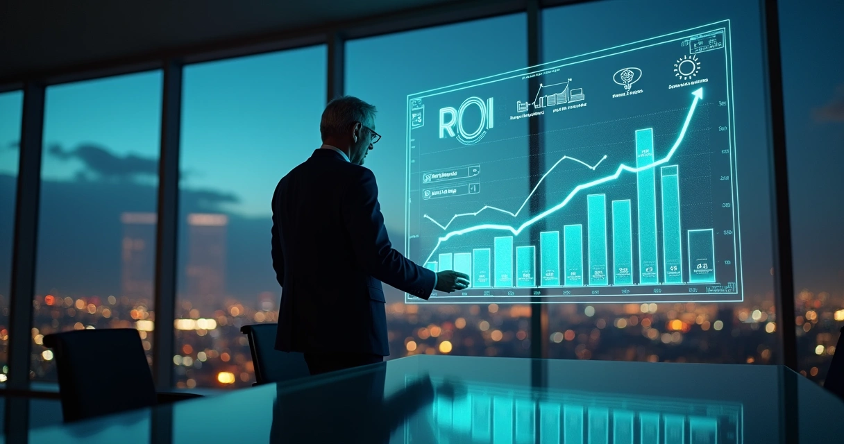 Executivo analisa gráficos de ROI de inteligência artificial em tela transparente 