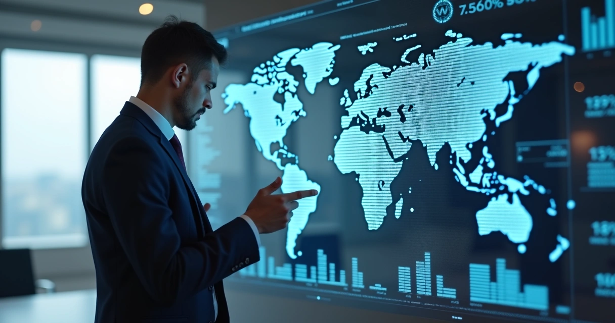 Executivo revisando contratos e dados financeiros digitais em tela transparente 