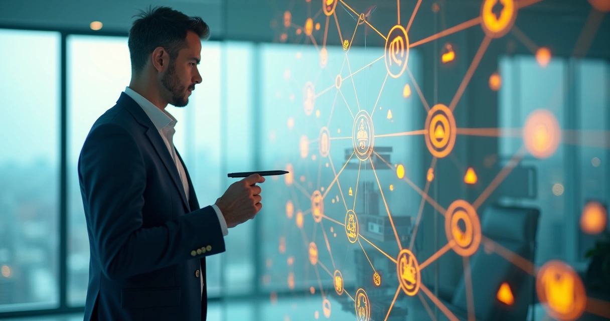 Executivo analisando conexões de impacto oculto em painel transparente 