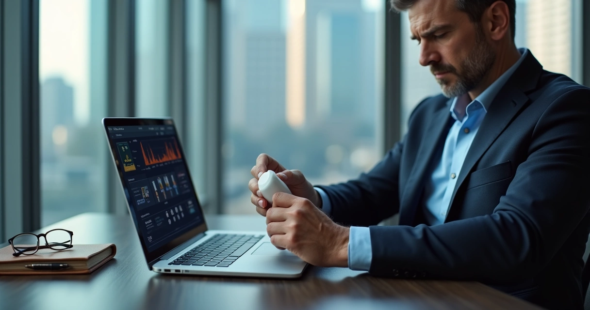 Executivo sentado à mesa analisando frasco de comprimidos com gráfico médico na tela ao fundo 