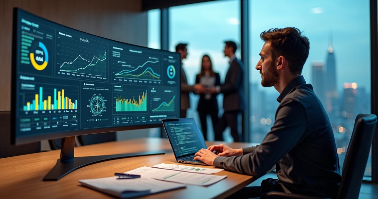 Executivo analisando gráficos de retorno sobre investimento em IA na tela do computador 