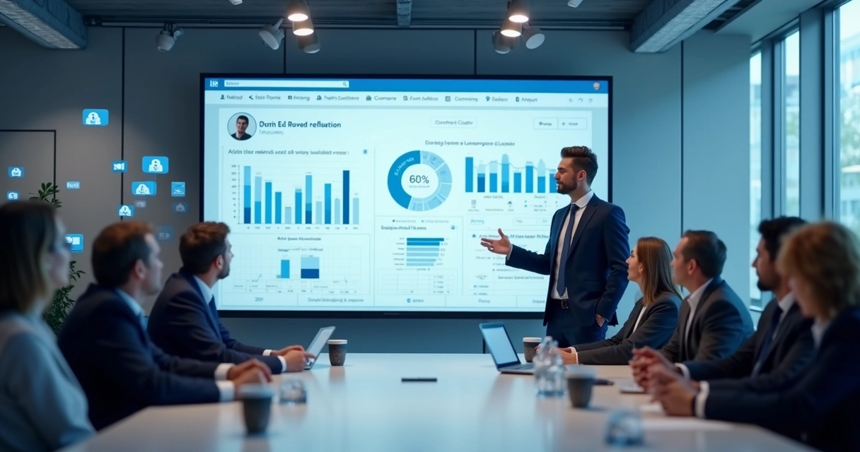 Executivo apresentando gráficos em reunião, fundo mostra tela do LinkedIn em destaque