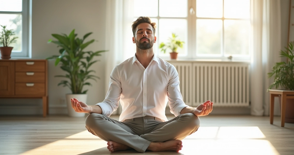 Homem de negócios praticando meditação em escritório tranquilo 