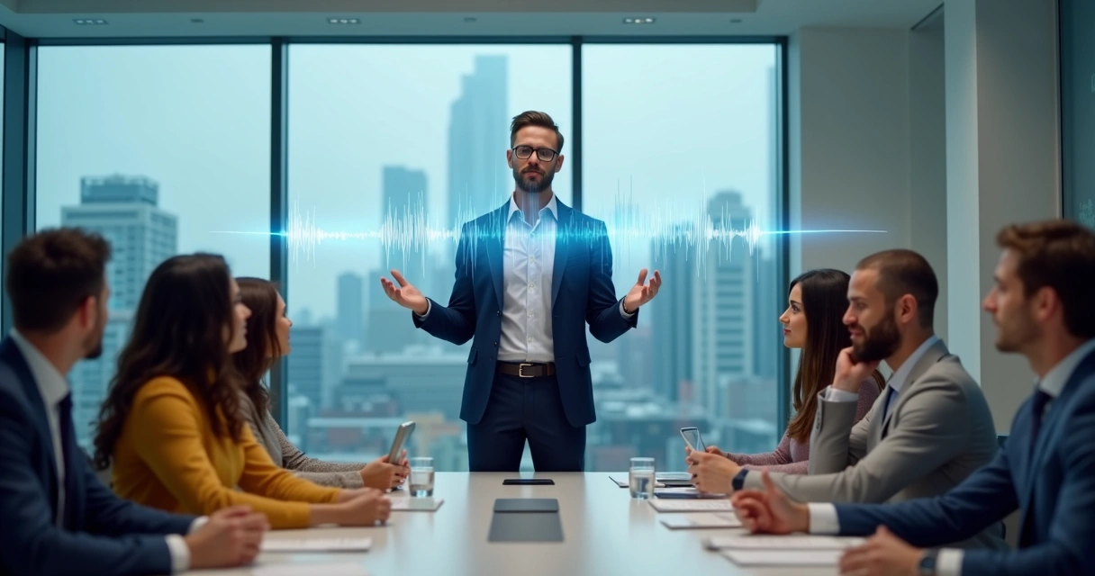 Executivo liderando time, destaque em voz digital 