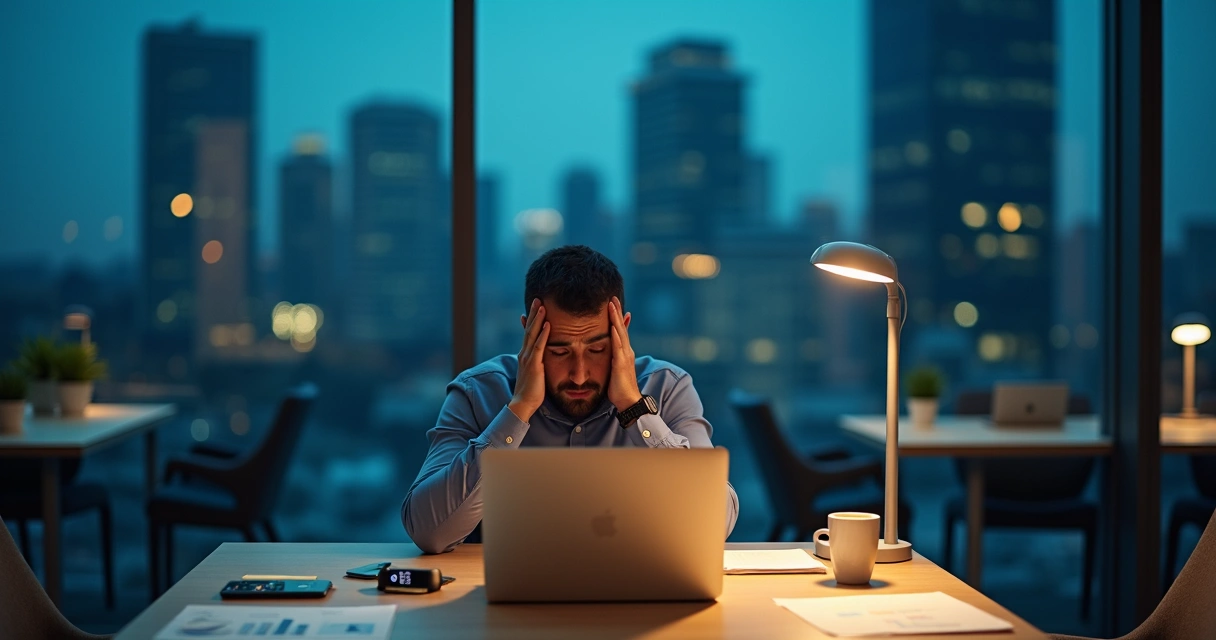 Profissional de alta performance isolado em sala de reunião envidraçada ao entardecer 