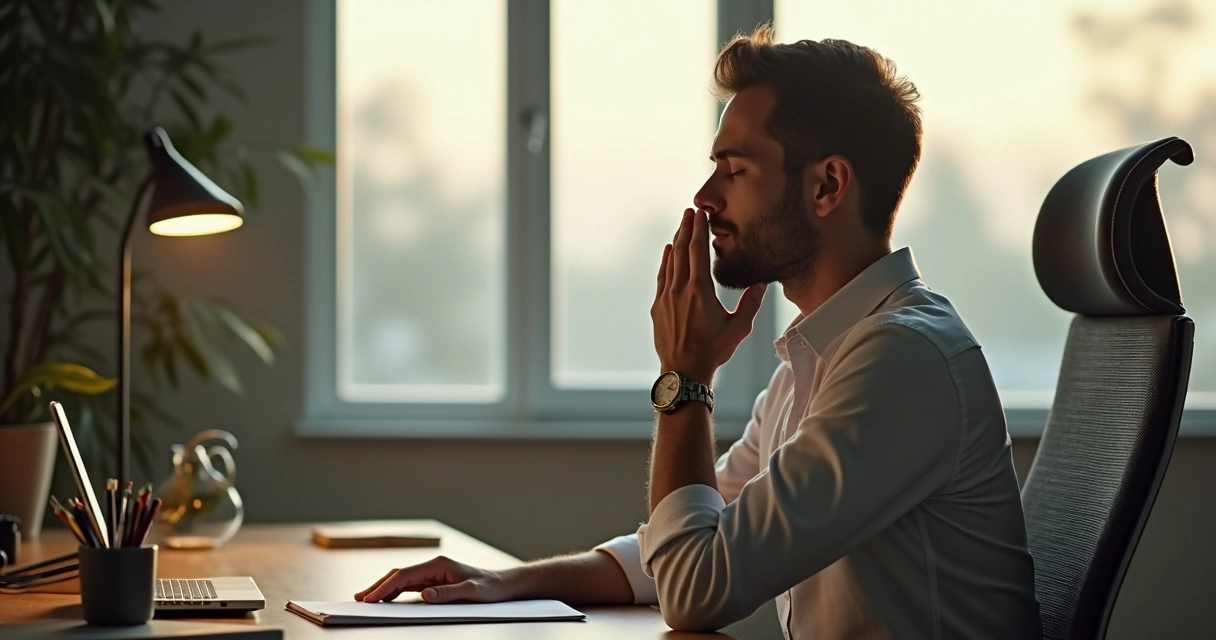 Pessoa sentada em cadeira de escritório praticando respiração profunda junto à mesa