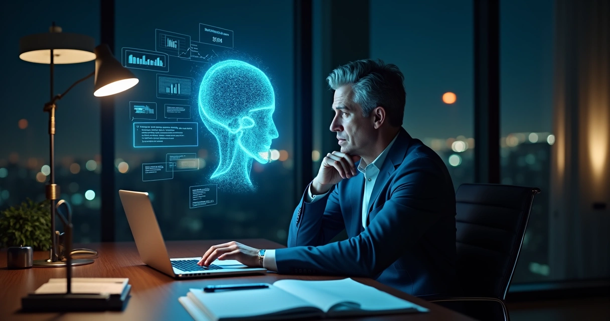 Executivo observando assistente virtual em formato de cabeça de IA pairando sobre a mesa de trabalho 