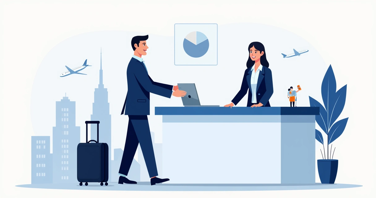 Executivo fazendo check-in em hotel com recepcionista ao fundo, mala ao lado, mostrando ambiente empresarial 