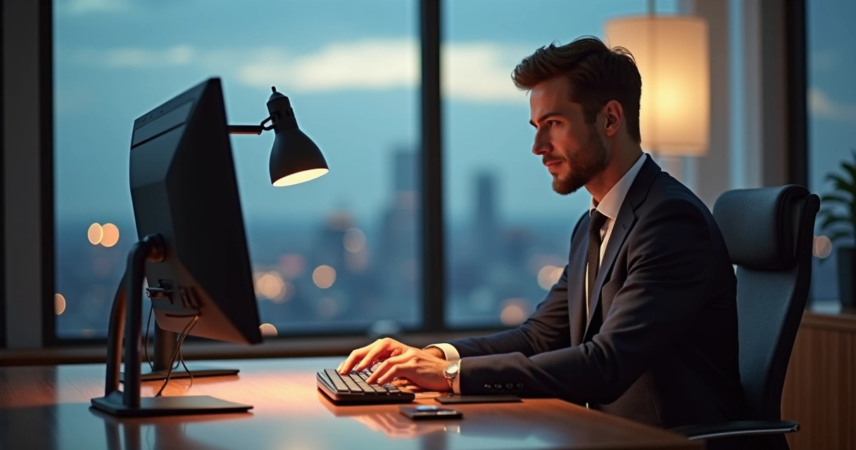 Homem executivo trabalhando com expressão concentrada em escritório moderno e elegante, com iluminação quente e detalhes tecnológicos ao fundo 