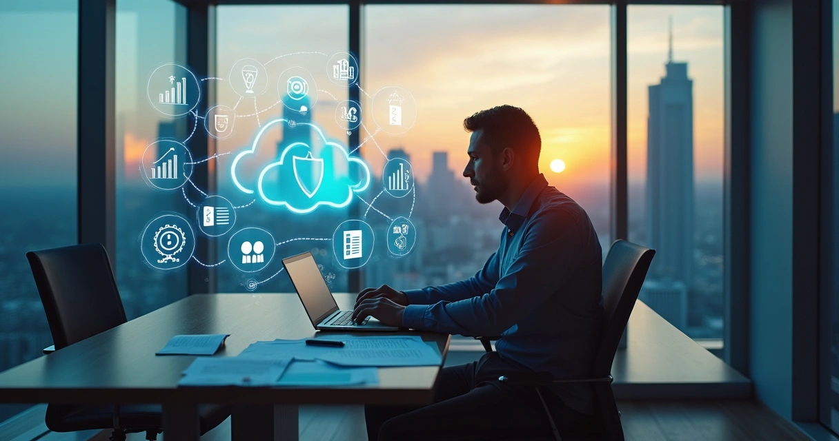 Executivo avaliando contrato de serviços de cloud diante de painel com ícones de nuvem 