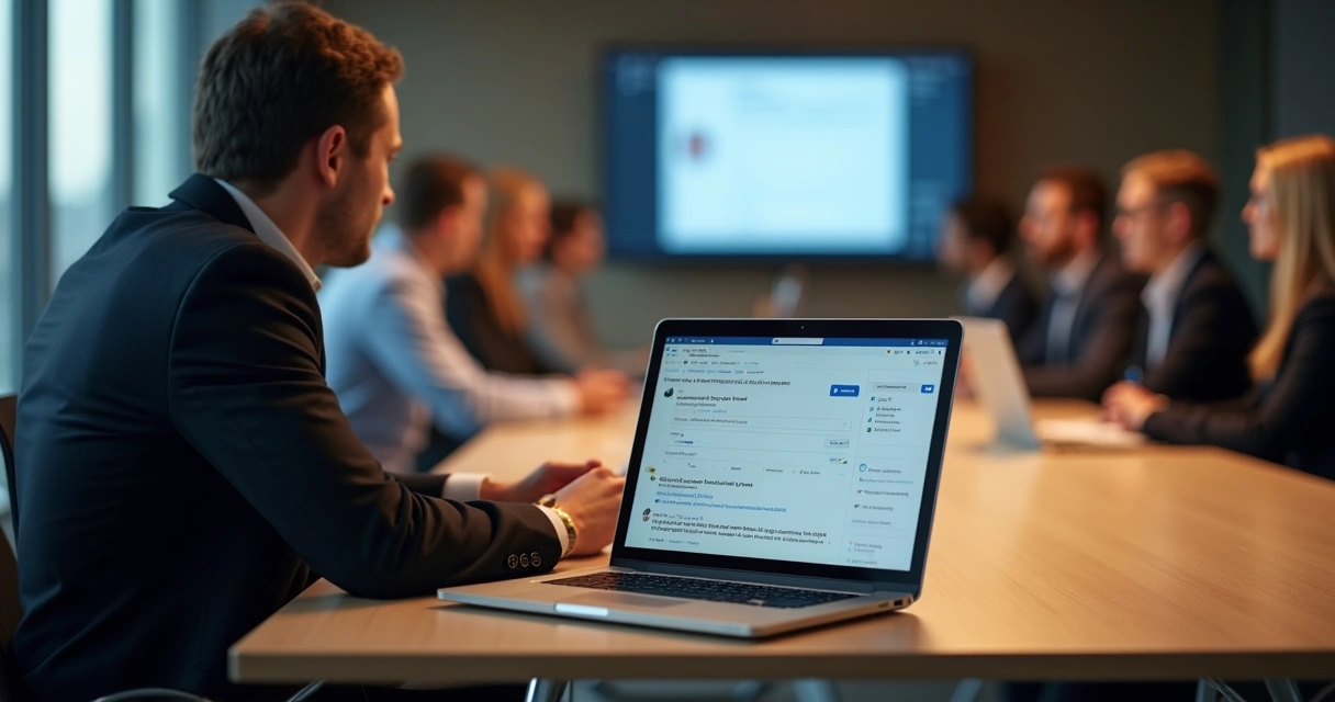Executivo em reunião com post LinkedIn aberto 
