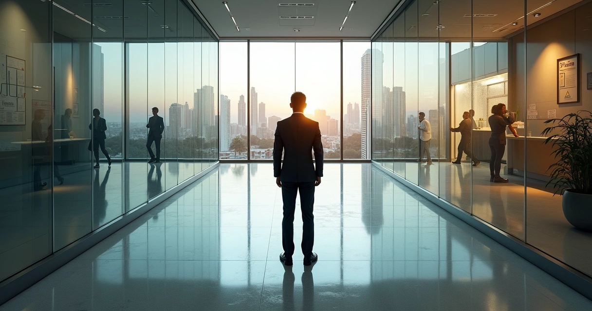 Executivo brasileiro parado em encruzilhada simbólica dentro de escritório corporativo 