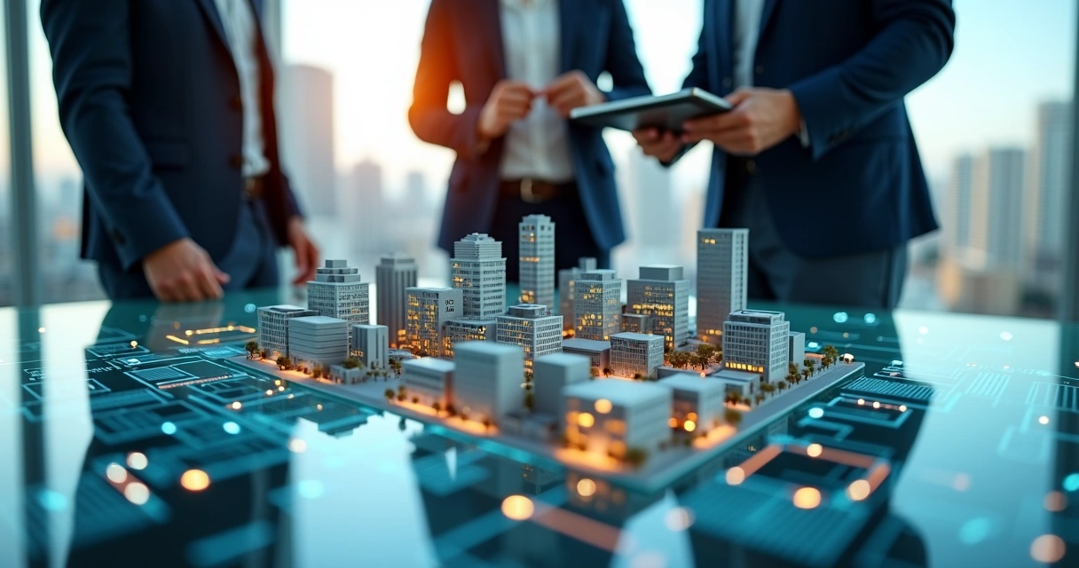 Executivos observam maquete de mini empresas sobre mesa de vidro 