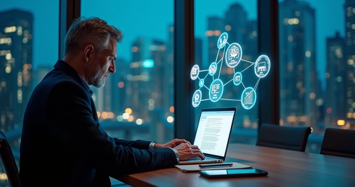 Executivo em escritório moderno escrevendo cold email estratégico em notebook com cidade ao fundo 