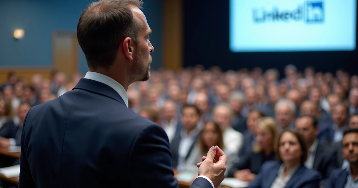 Executivo palestrando para público em conferência, imagem captada de perfil 