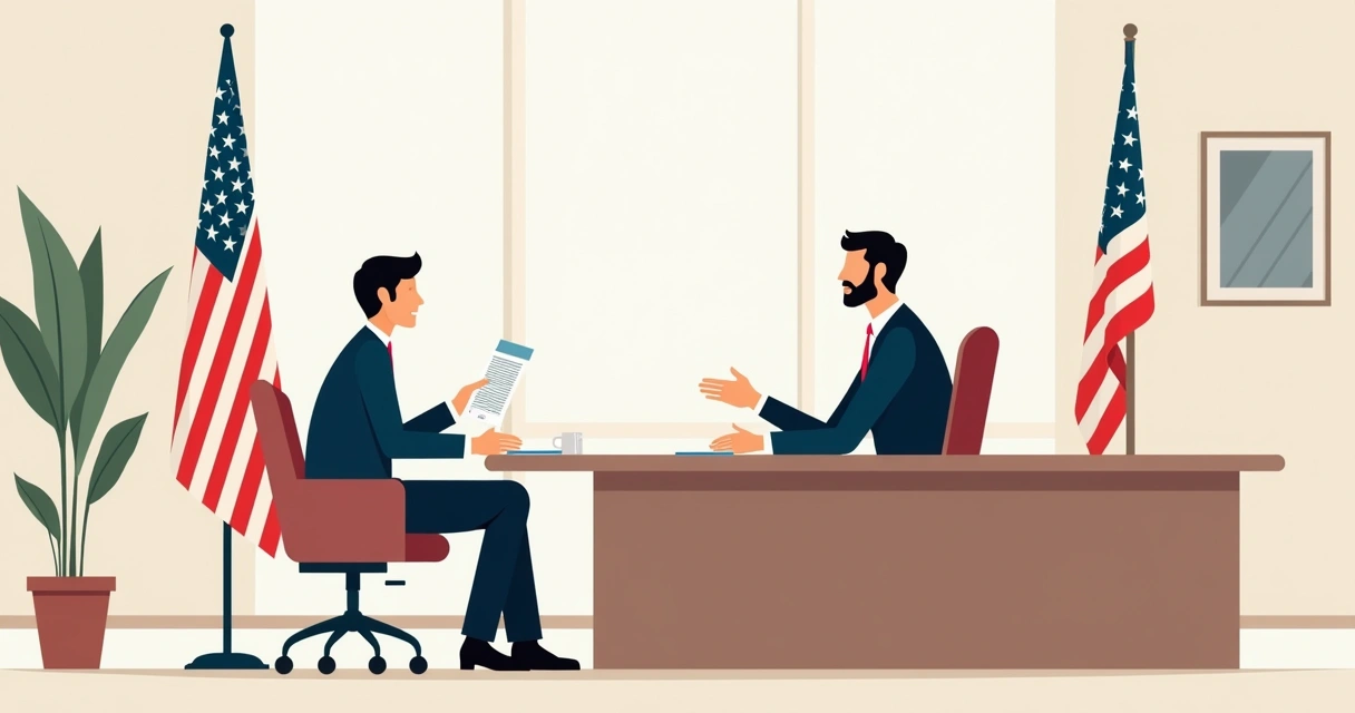 Executivo fazendo entrevista para visto americano junto a mesa de atendimento consular 
