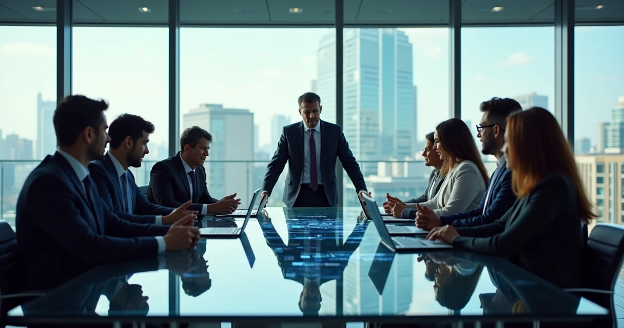 Executivo fractional discutindo estratégia com líderes em reunião corporativa moderna 