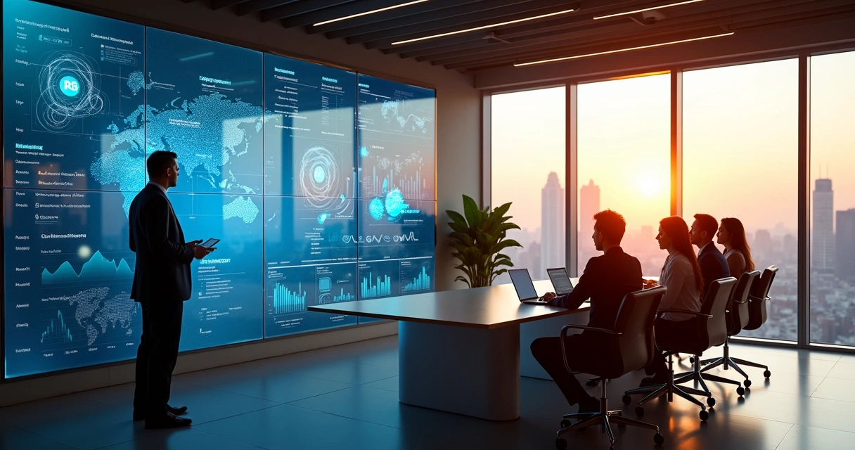 Executivo de RH analisando painel de dados com inteligência artificial ao lado de equipe em reunião híbrida 