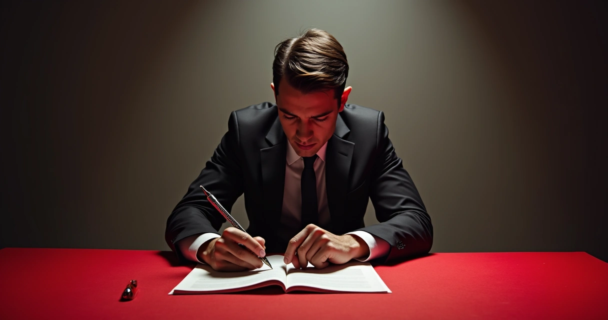 Executivo frustrado sentado à mesa com papéis e gráficos vermelhos mostrando queda em vendas 