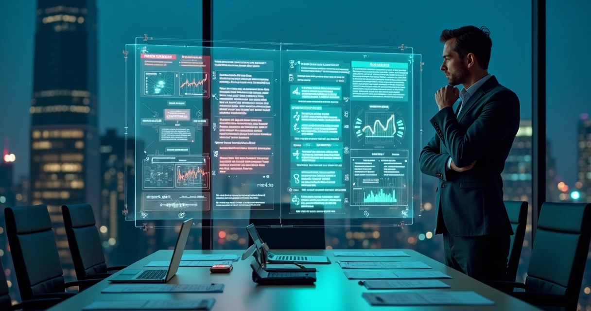 Executivo diante de tela de IA com dados corretos e erros misturados 