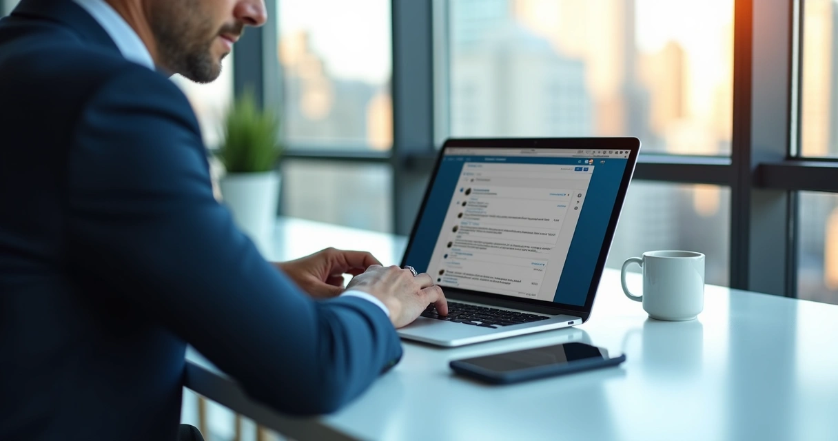 Pessoa enviando DMs automatizadas no LinkedIn em ambiente de trabalho moderno 