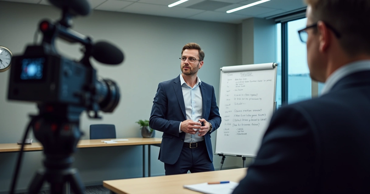 Executivo treinando comunicação frente às câmeras 