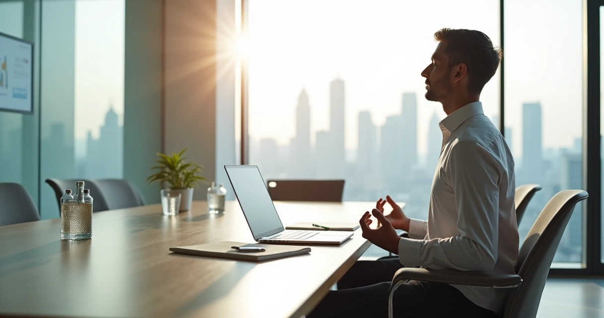 Profissional sentado em postura de meditação em frente ao notebook antes de reunião 