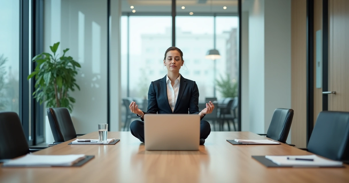 Profissional meditando em sala de reunião vazia com notebook aberto 